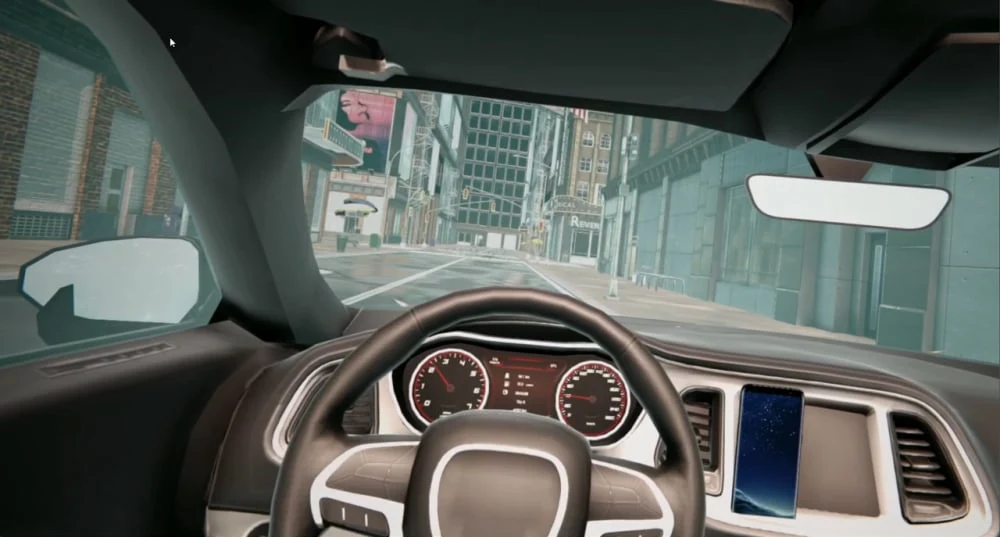 A first-person driving simulation running on a desktop machine