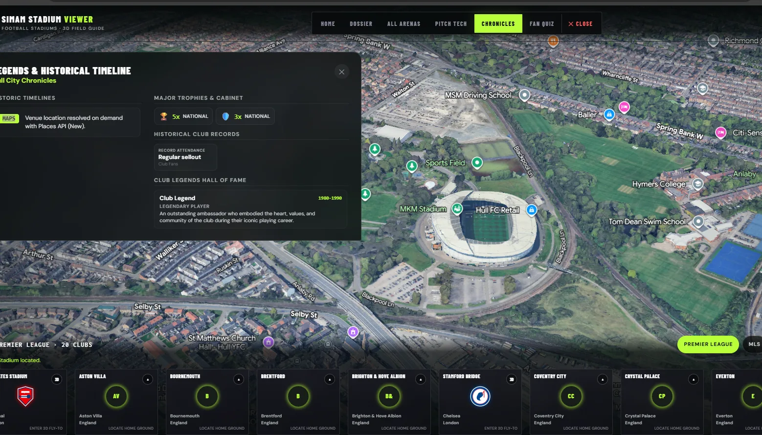 A browser-based 3D stadium viewer showing seat-level views of a venue