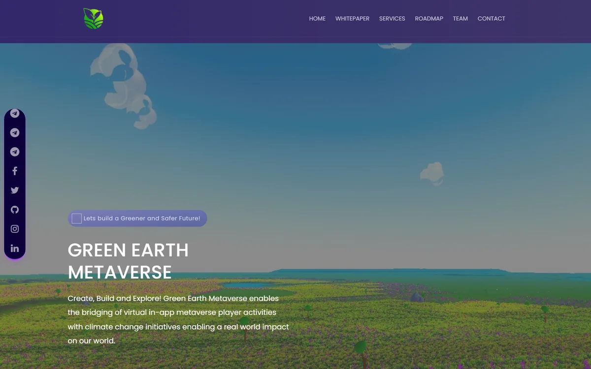 Green Earth Metaverse landing page over a rendered green landscape