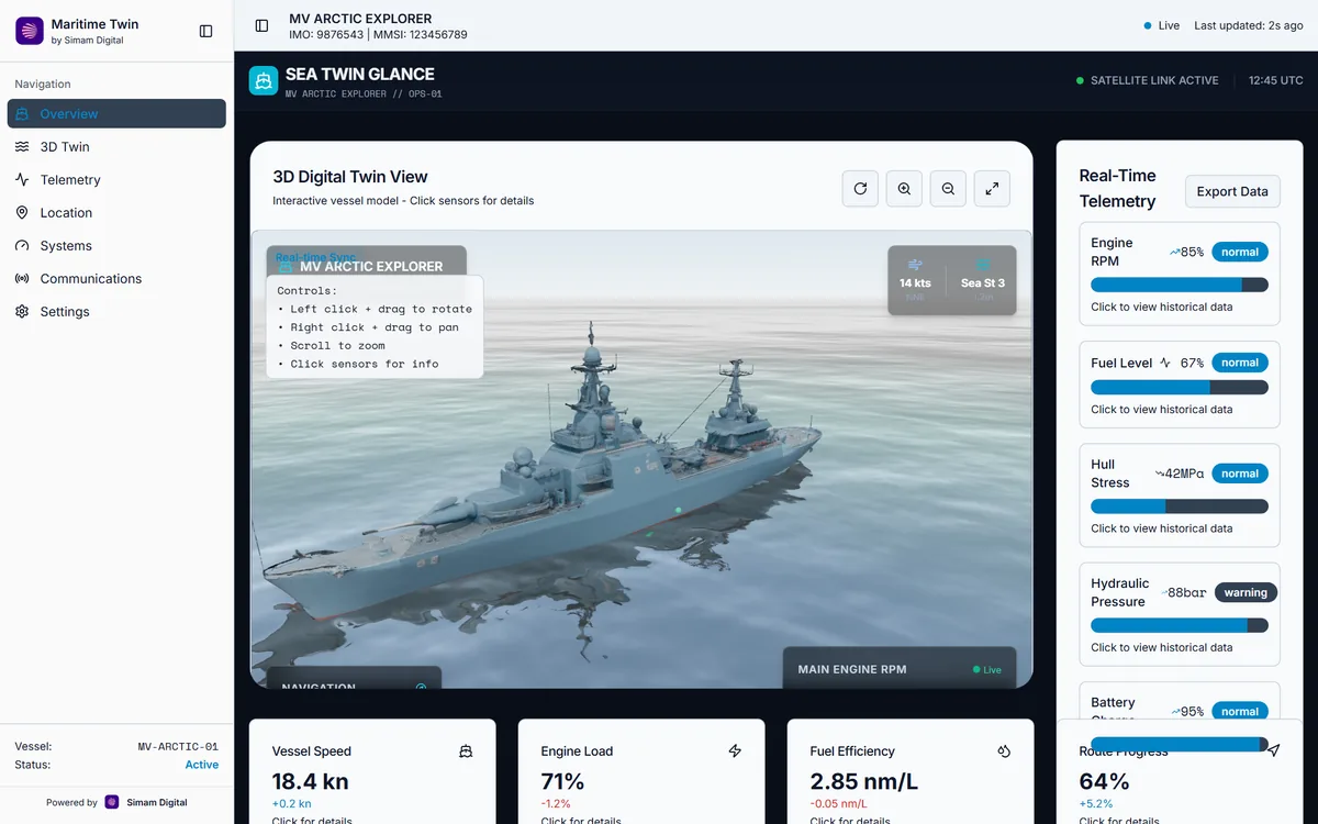 Maritime Twin dashboard: interactive 3D vessel model with live telemetry panels