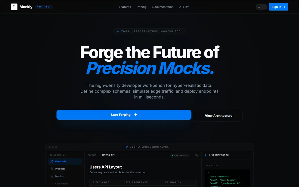 Mockly workbench: schema editor with a live API inspector