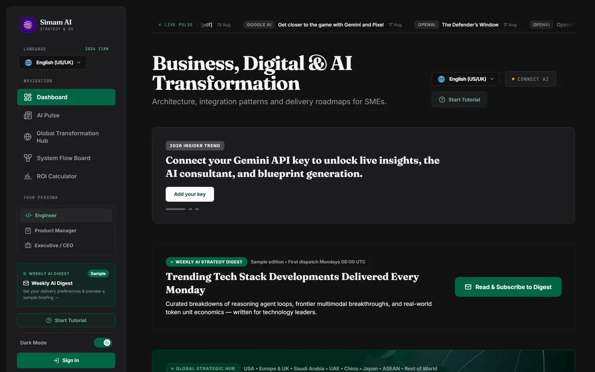 AI Strategy Hub dashboard with strategy tools and the weekly digest