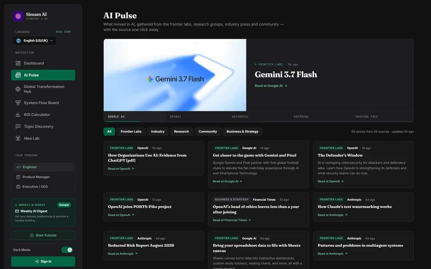 AI Pulse feed showing frontier lab stories credited to Google AI, OpenAI, Anthropic, DeepMind and Hugging Face
