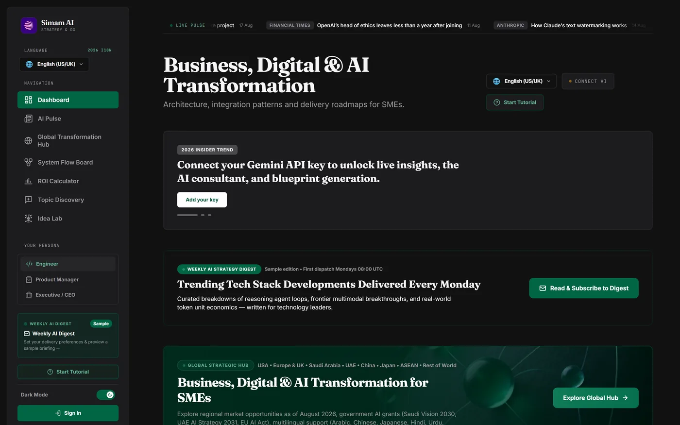 Simam AI Strategy Hub dashboard showing the live news pulse, weekly digest and global hub entry points