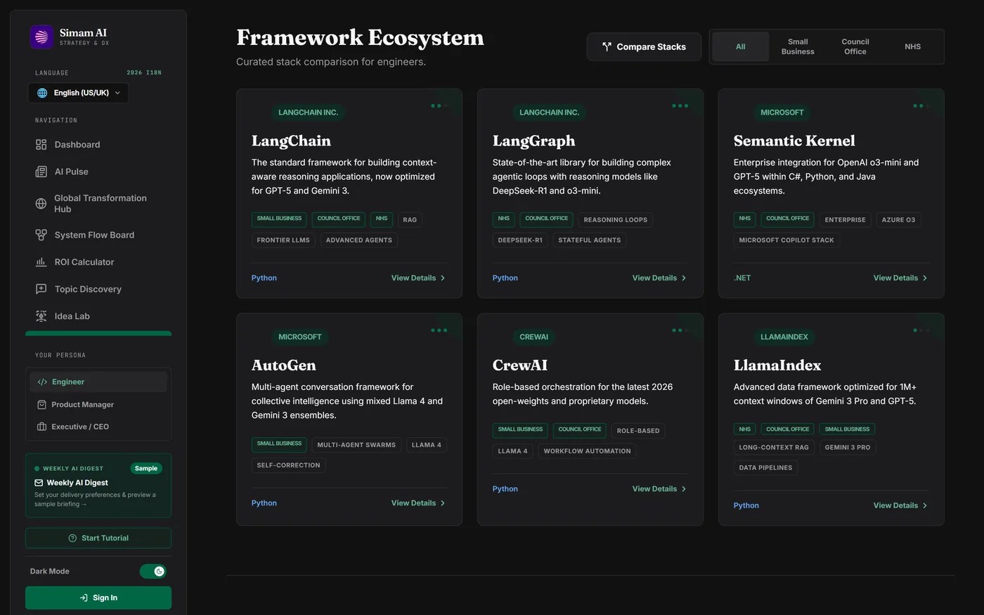 Framework Explorer comparing nineteen AI frameworks side by side