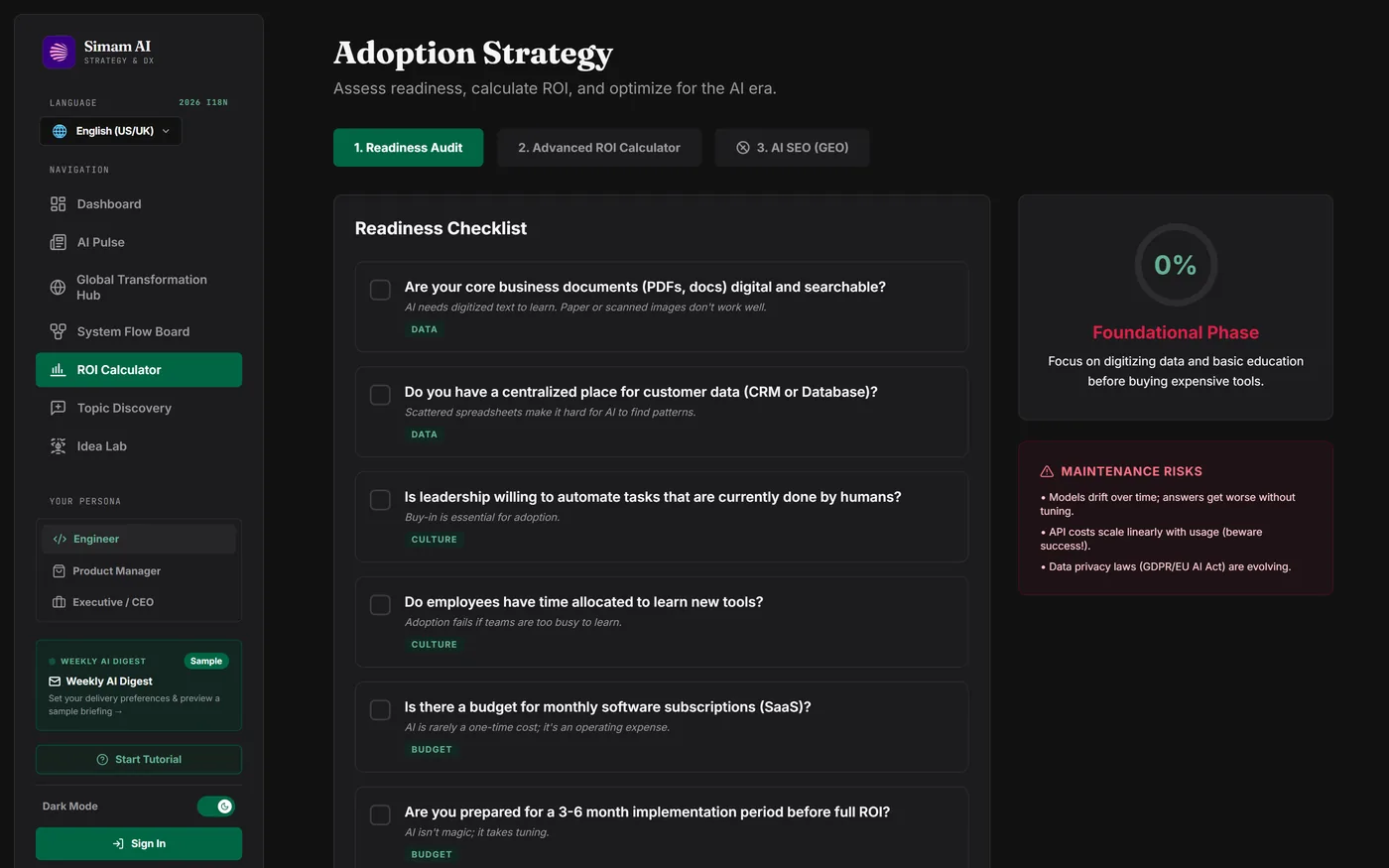 AI ROI calculator using localised salary and currency data to model payback