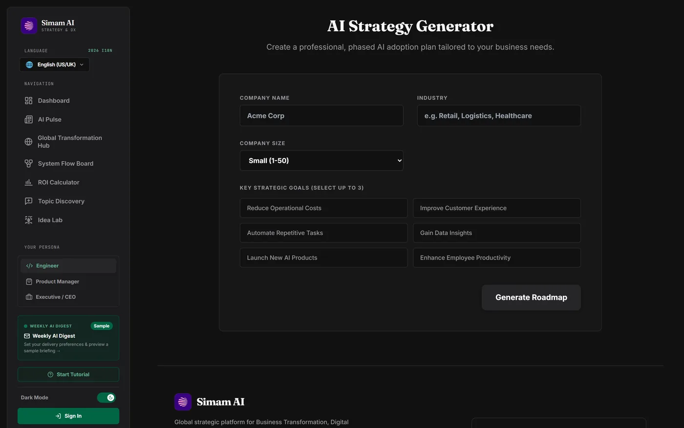 Strategic Roadmap showing a phased AI delivery plan with owners and risks