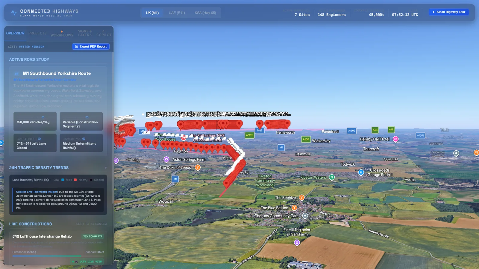 Connected Highways corridor view of the M1 southbound route with worksite markers and smart cone placements over 3D terrain