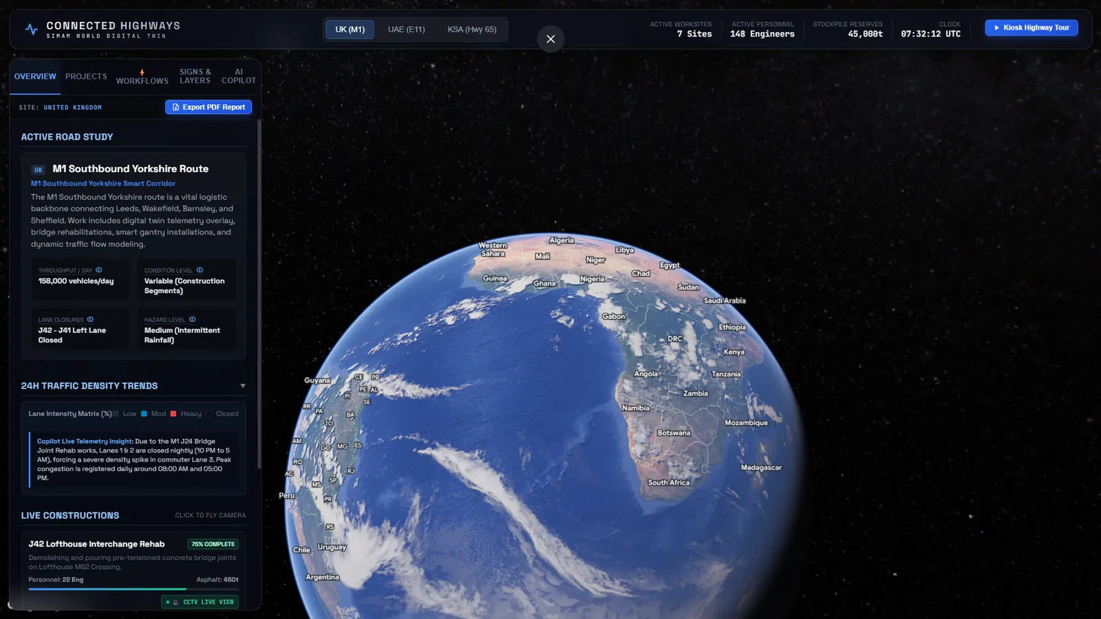 Connected Highways global network view with the corridor overview panel over a 3D globe