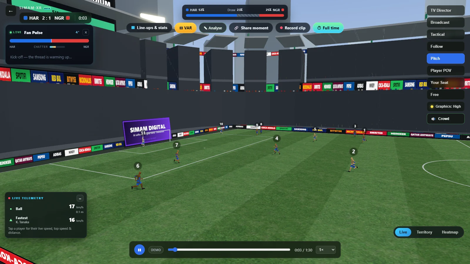 Pitch-level camera view of the 3D football match from inside the stadium bowl