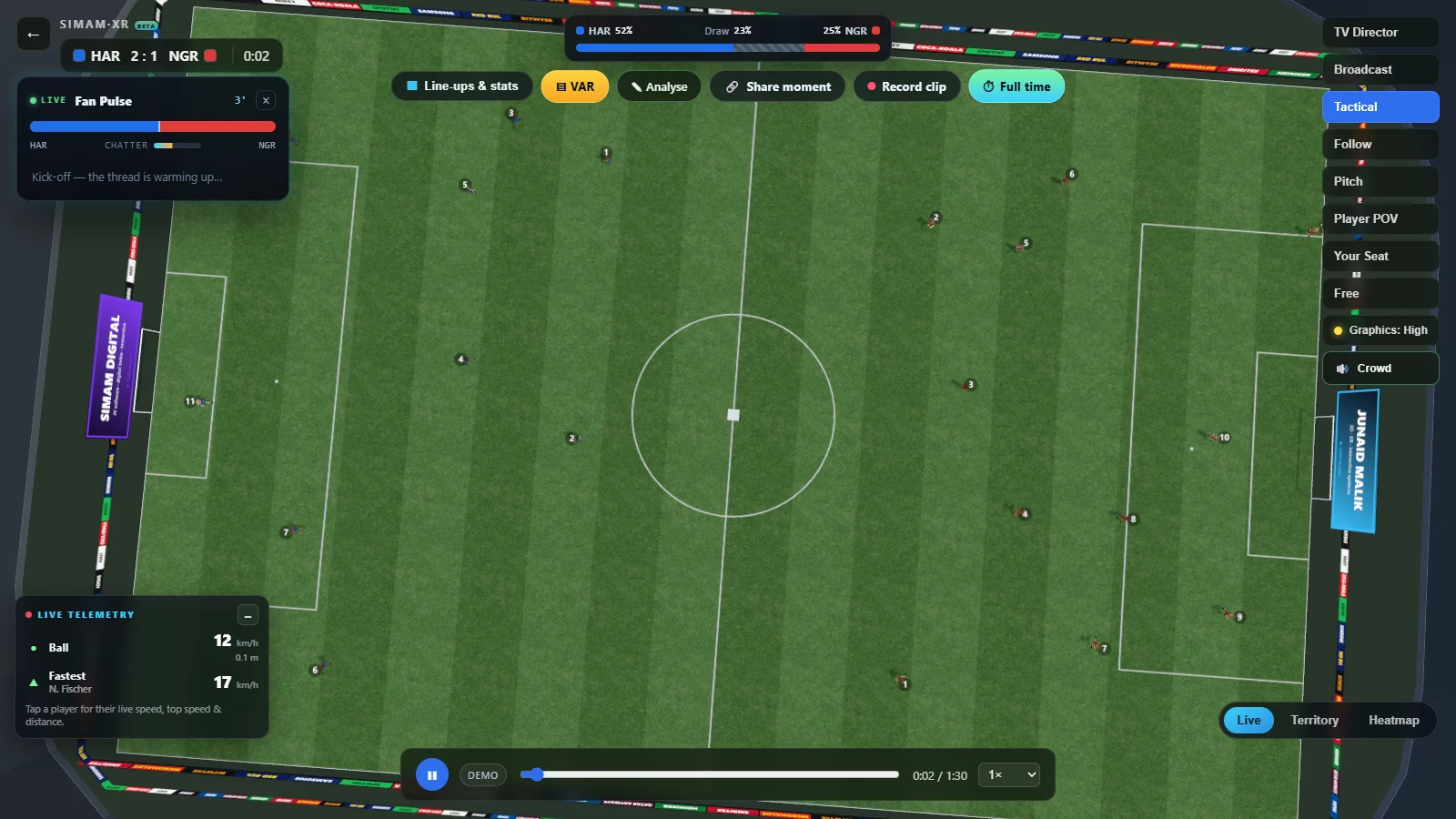 Top-down tactical camera view of the same 3D football match showing team shape