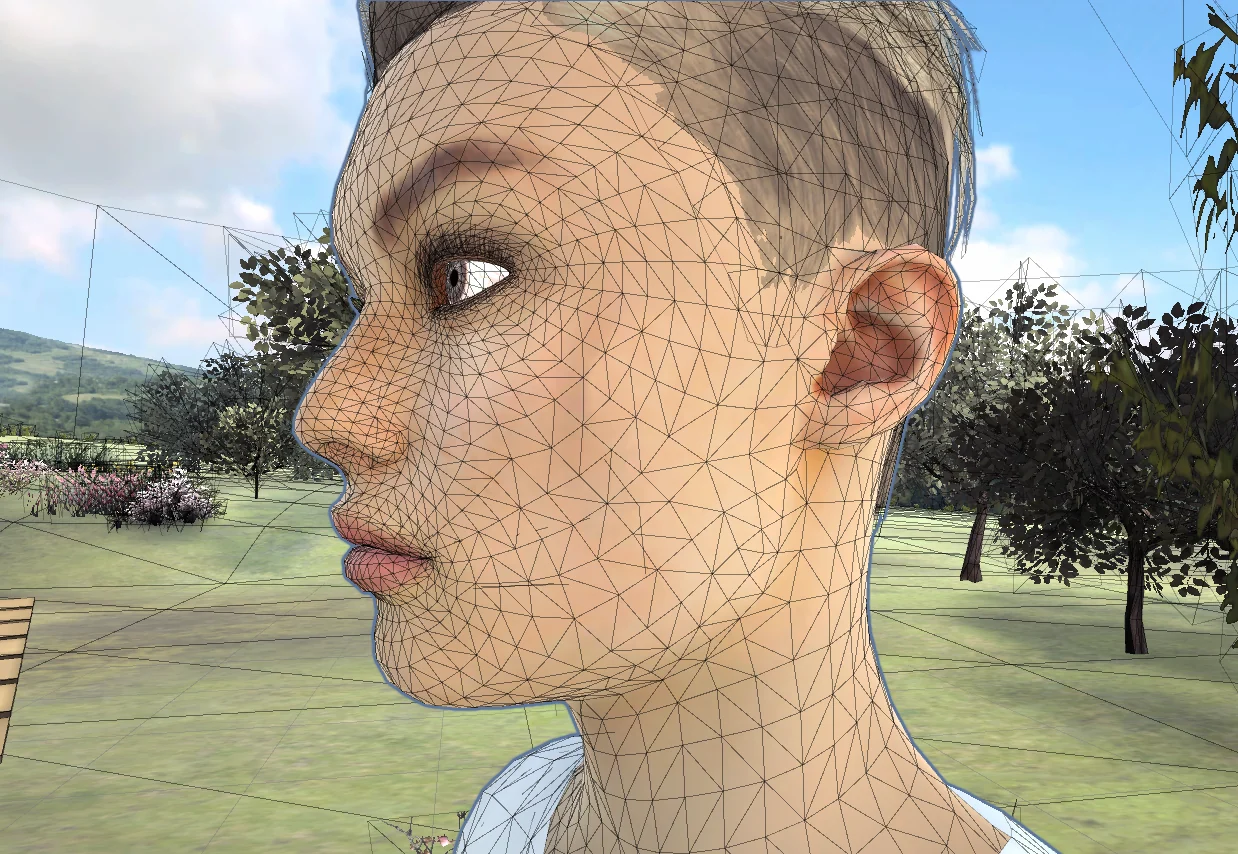 Digital human avatar head shown in wireframe, revealing the triangle density of the face, ear and hair