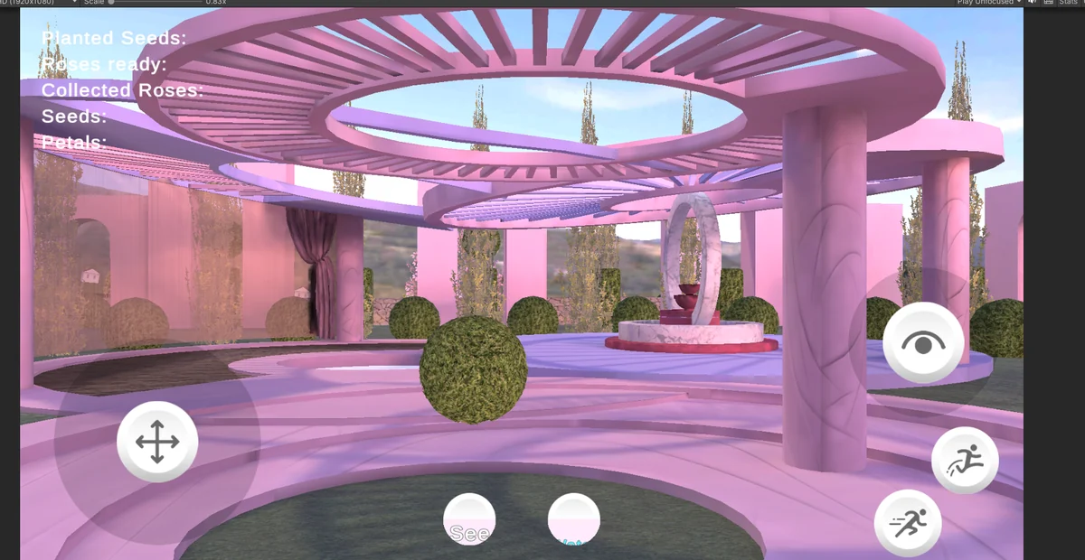 In-world view in a portrait layout with on-screen movement controls and a collection counter