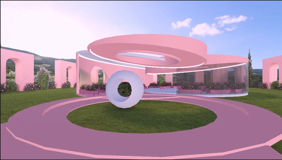 A pink circular pavilion with a glazed colonnade set in landscaped grounds