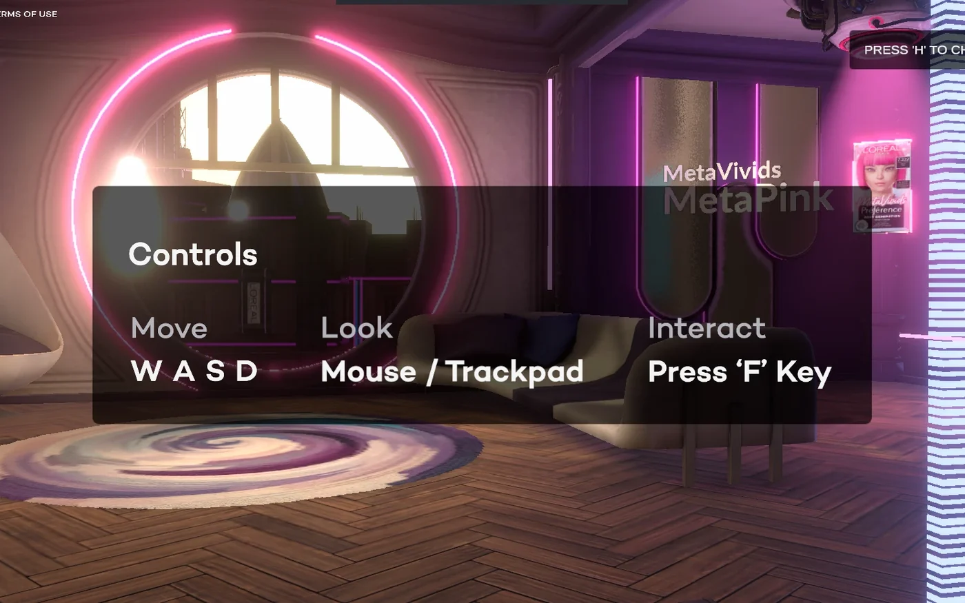 An interior scene with a neon-lit window and a controls overlay showing movement on W A S D, look on mouse or trackpad and interact on the F key