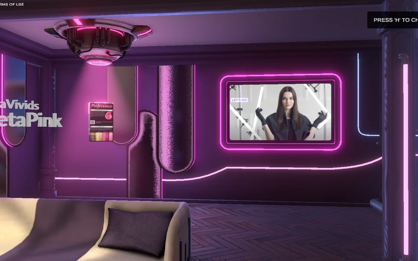 An interior scene with a product display on the wall beside a bright video panel playing a campaign film