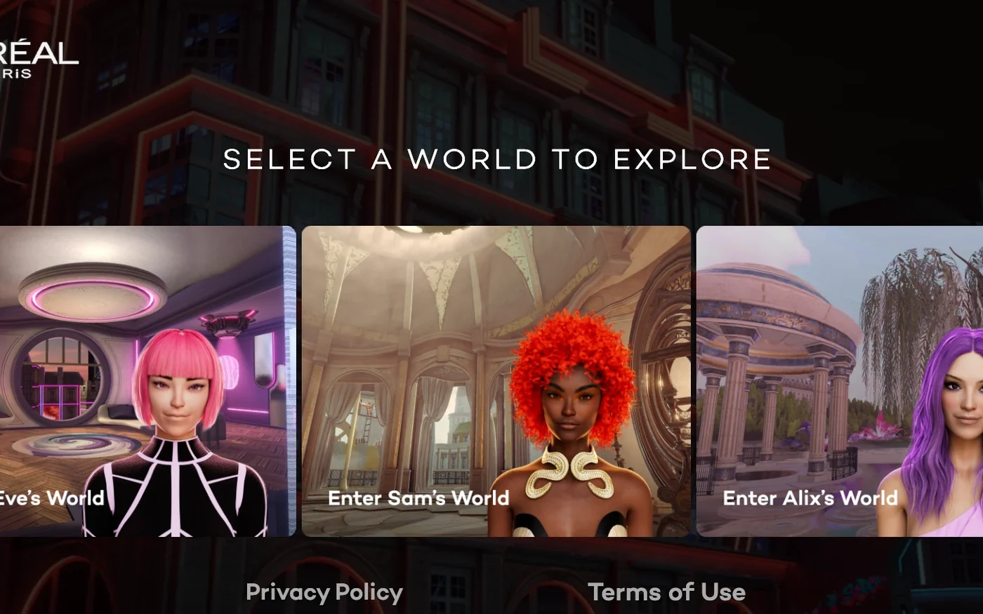 An entry screen offering three themed worlds to explore, each previewed with its own environment and a styled character