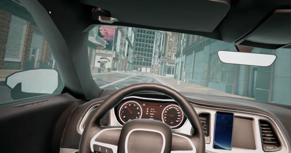 In-car view of the urban driving-safety scenario, seen through the headset