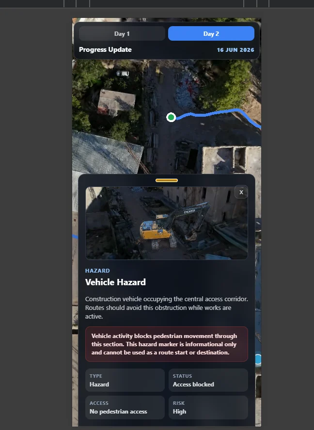 Phone layout showing a vehicle hazard card marked as no pedestrian access