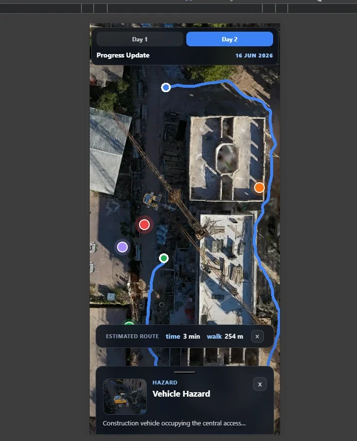 Phone layout showing a smoothed route drawn across the site, with an estimated walking time of three minutes over 254 metres
