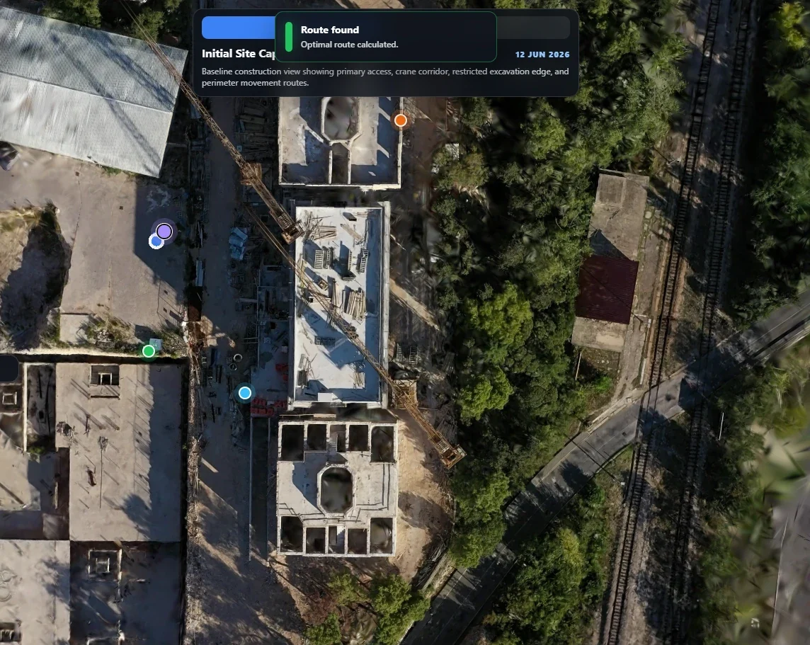 Site capture seen from above with selectable points of interest and a route-found confirmation