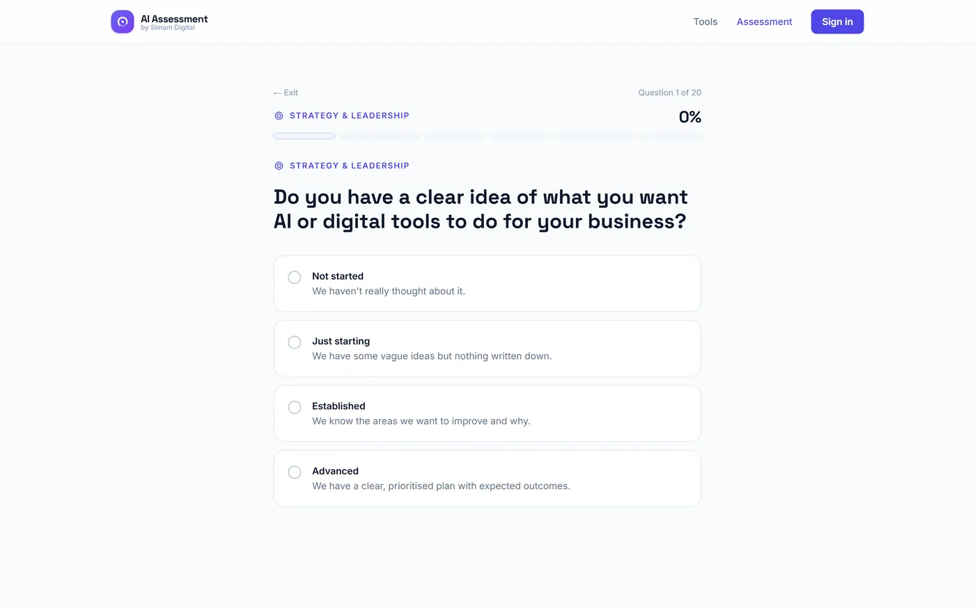 An AI readiness assessment question with a six-segment progress meter