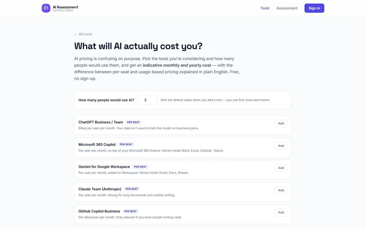 AI cost estimator comparing per-seat, usage-based and bring-your-own-key pricing