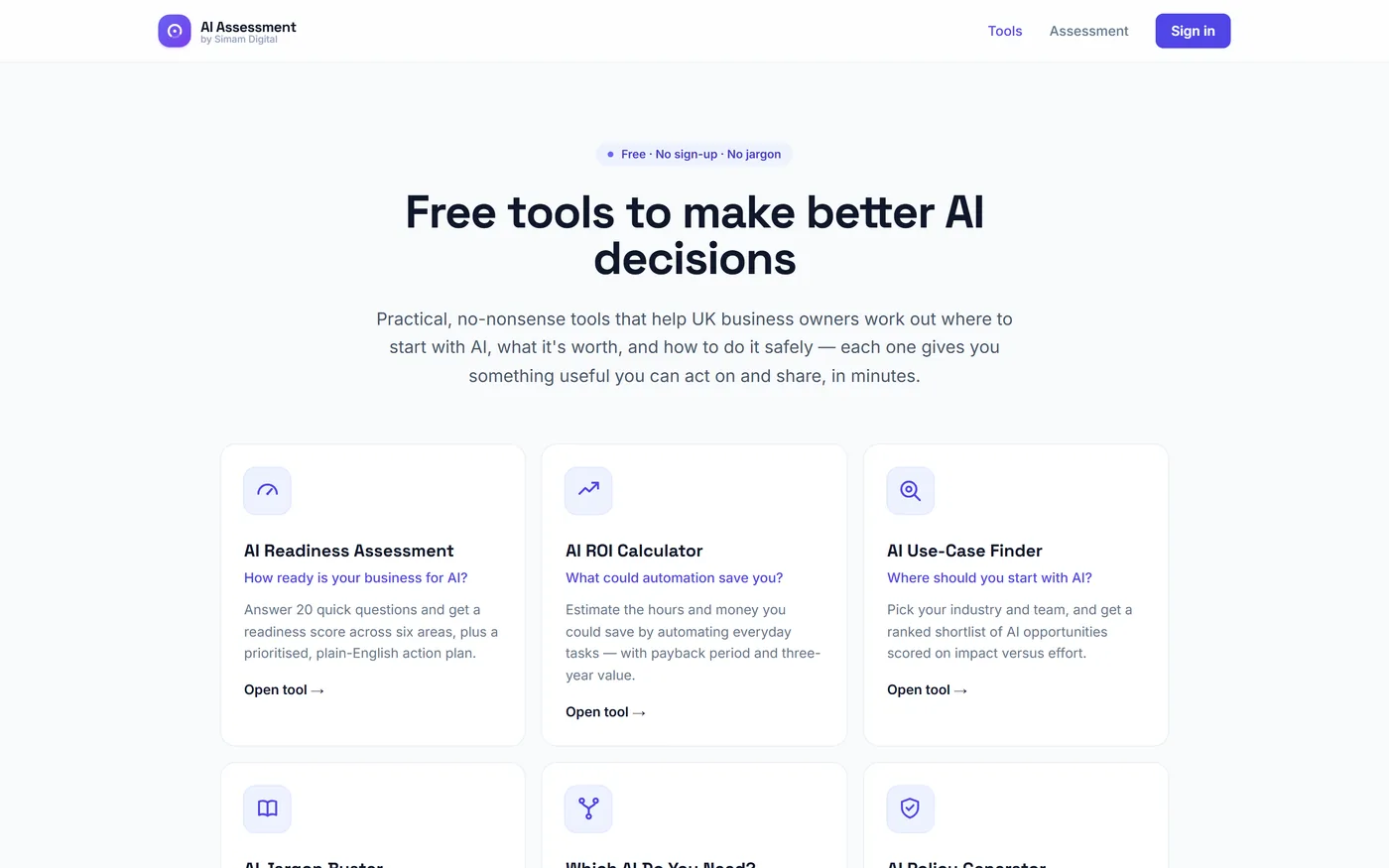 The free AI tools hub showing nine no-sign-up tools for UK business owners