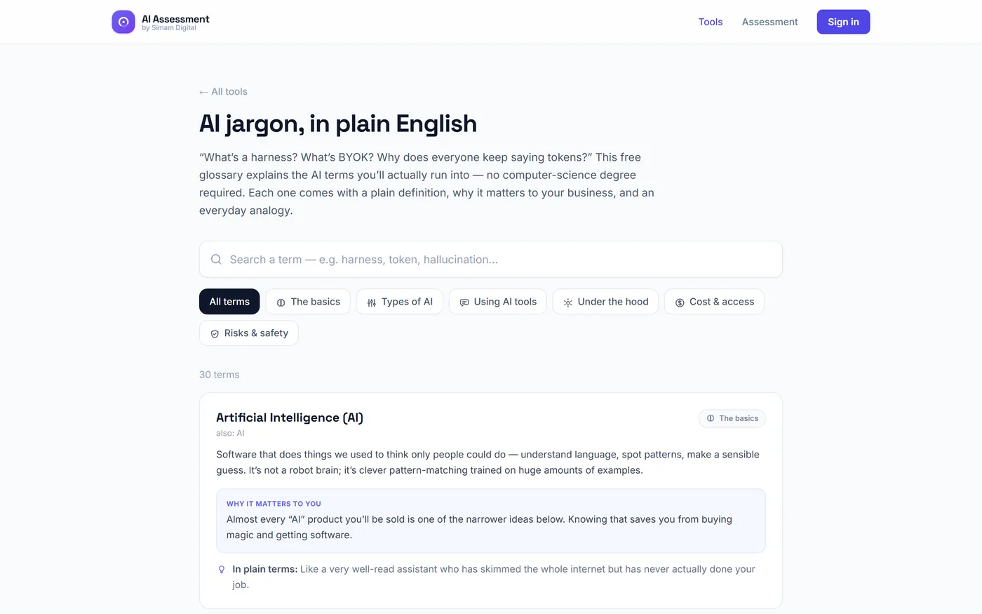 Searchable AI jargon glossary explaining terms in plain English