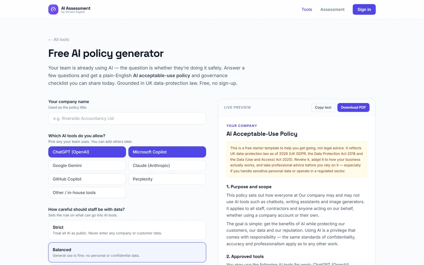 AI policy generator producing a starter acceptable-use policy and governance checklist