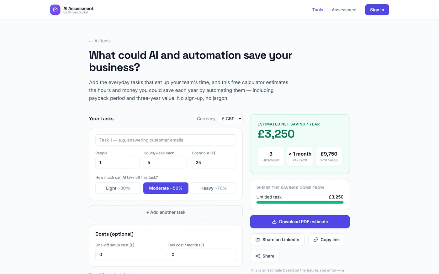AI ROI calculator estimating annual saving, payback period and three-year value