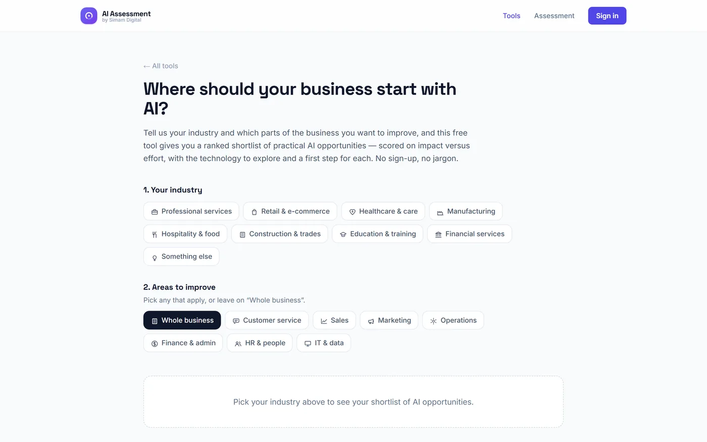 AI use-case finder ranking opportunities by impact against effort