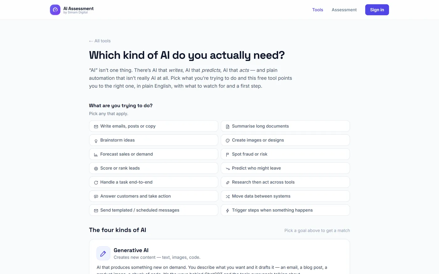 Which AI do you need: a goal-picker across generative, predictive and agentic AI