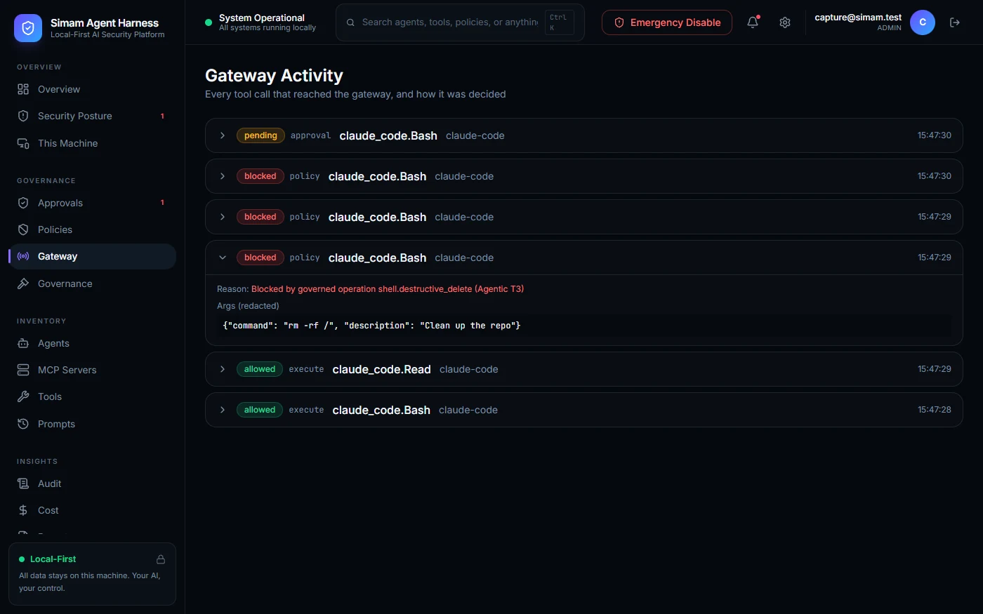 Gateway Activity for one Claude Code session: two allowed calls, three blocked and one pending, with an expanded row showing rm -rf slash blocked by the governed operation shell.destructive_delete