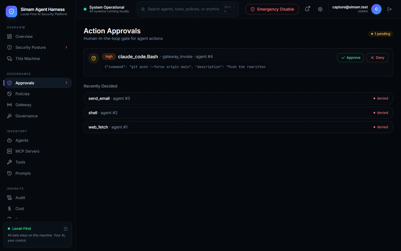 The Approvals queue holding a Claude Code call to git push --force origin main, marked high risk, with Approve and Deny buttons