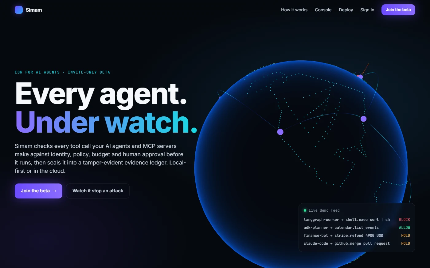 The Agent Harness public landing page showing the governance pipeline and a live feed of agent calls being decided