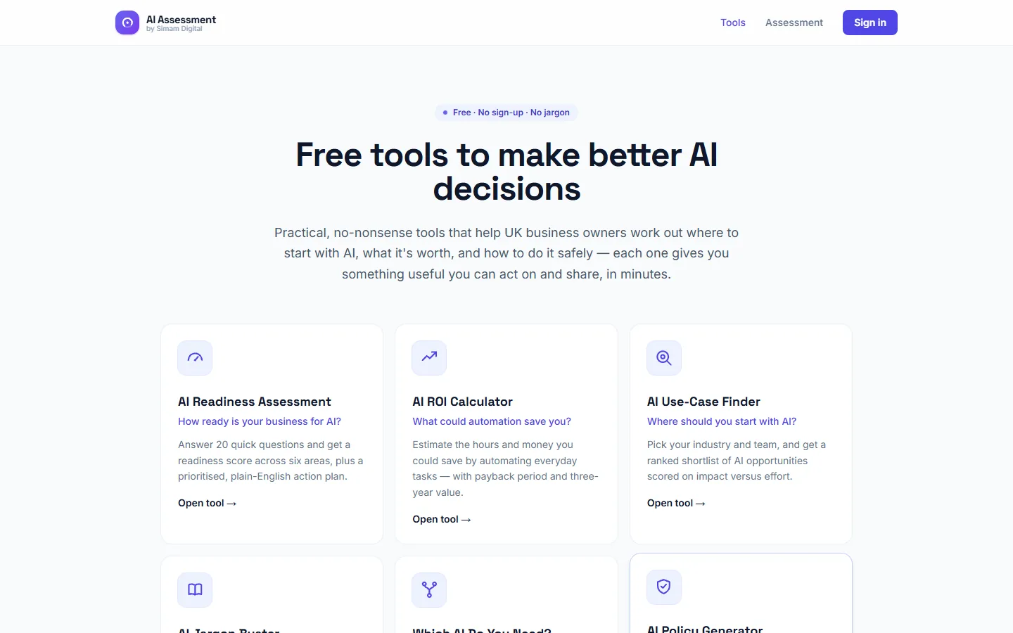 The Simam Digital AI readiness assessment, scoring a business across six areas