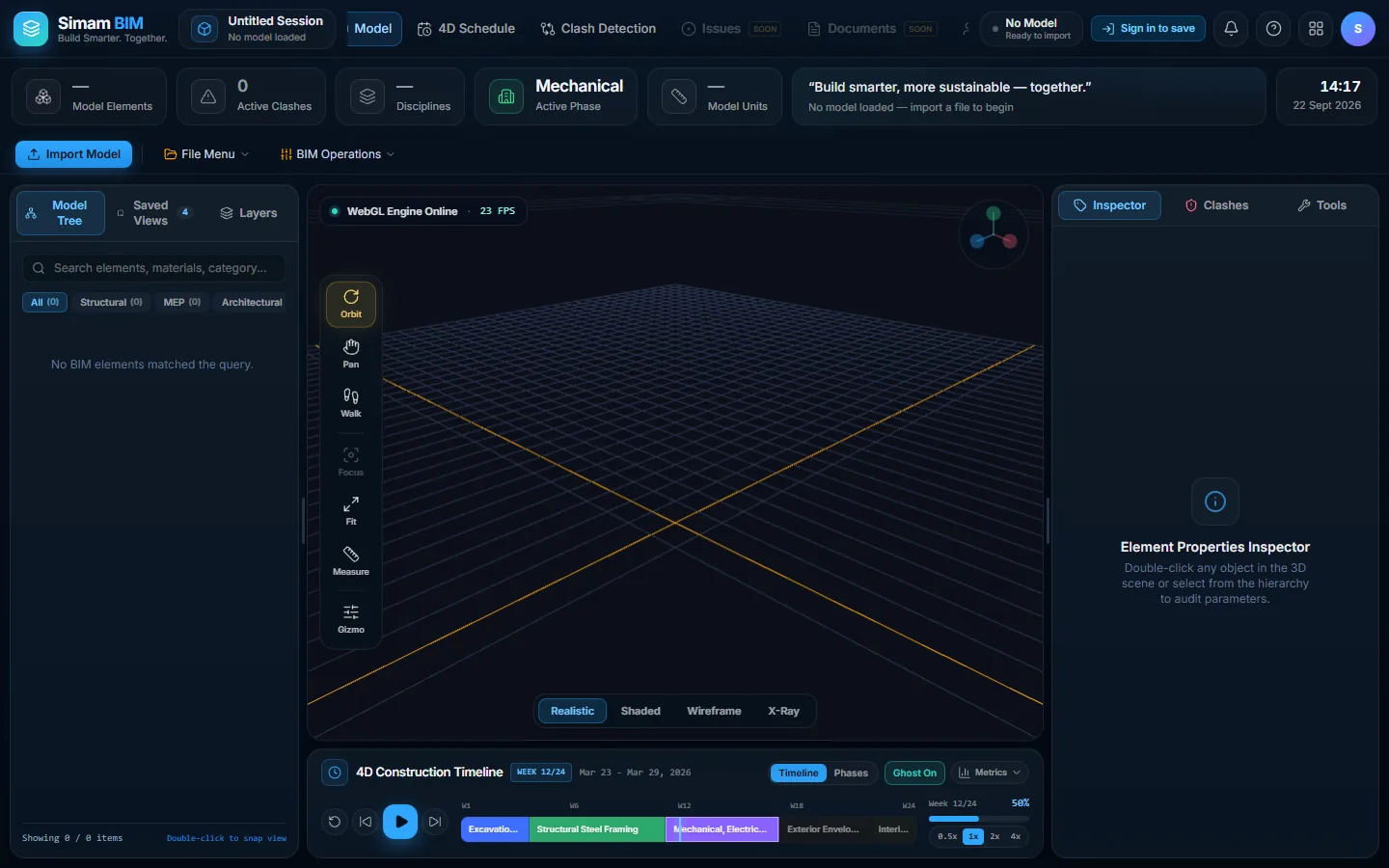 Simam BIM, a browser workbench showing a model tree, clash detection and a 4D construction timeline