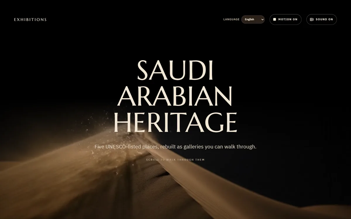 Heritage Exhibitions opening screen: Saudi Arabian Heritage over drifting sand