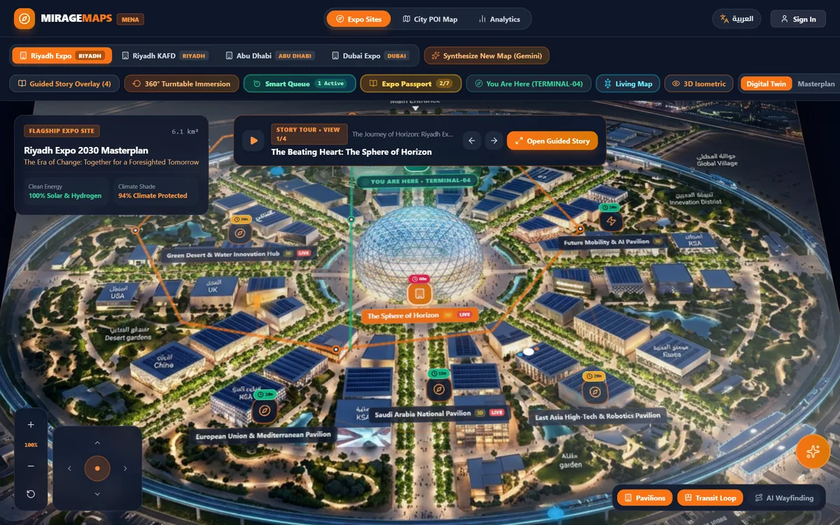 MirageMaps expo masterplan: 3D isometric digital twin with guided story tour and smart queue