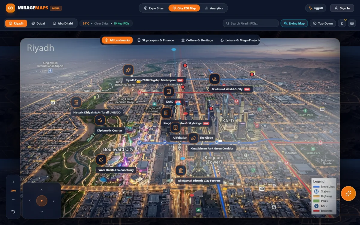 MirageMaps Riyadh city view: landmarks, metro lines and live POI layers over an aerial map