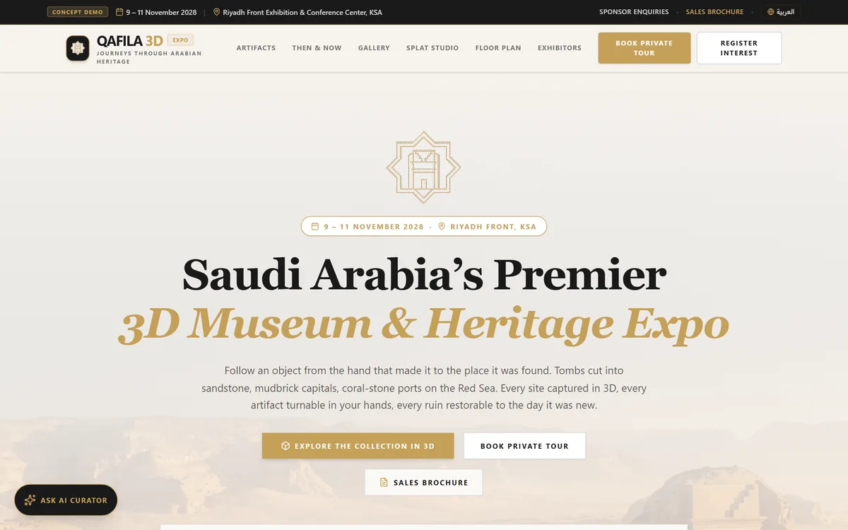 Qafila 3D Expo landing page: Saudi Arabia&rsquo;s premier 3D museum and heritage expo