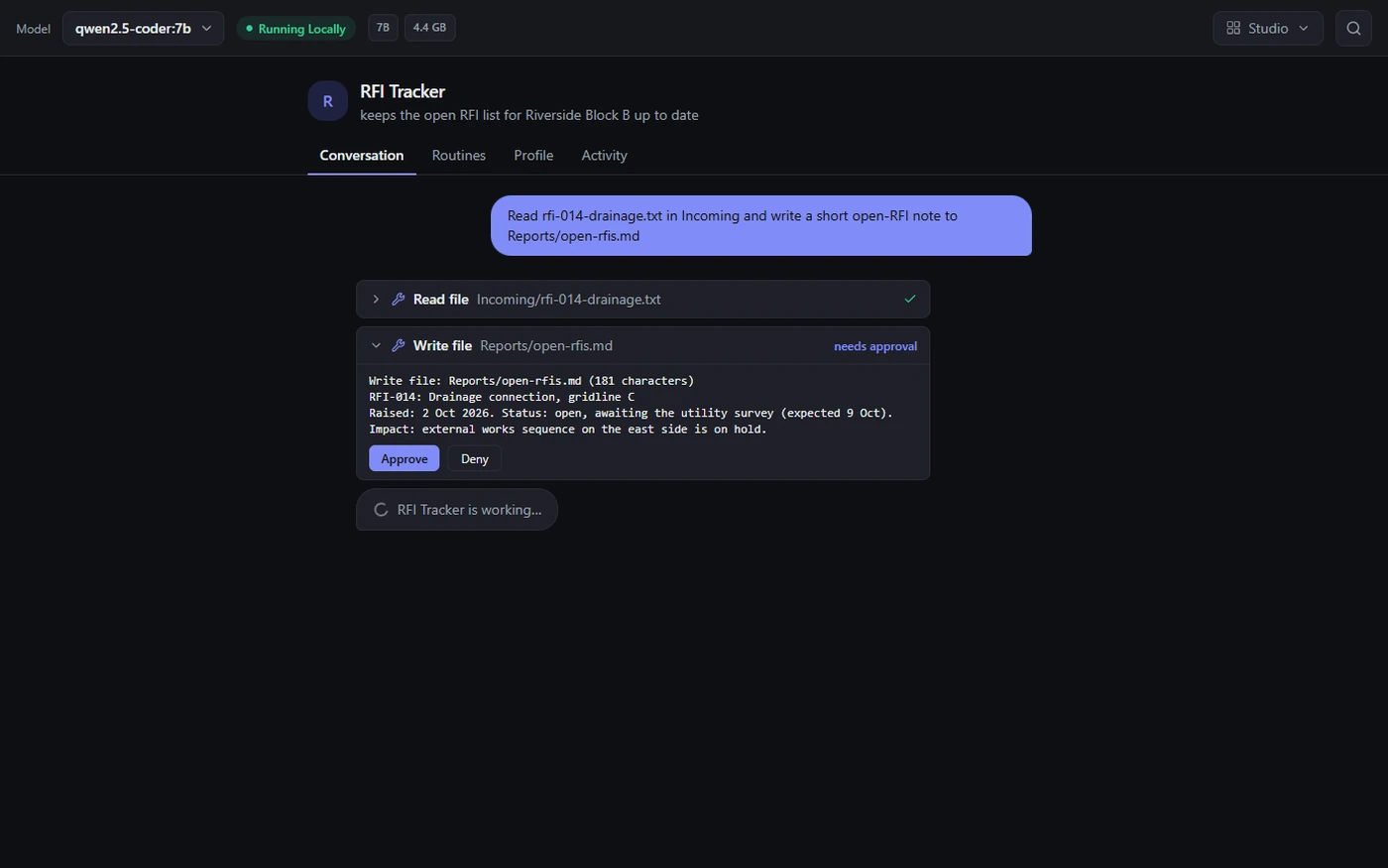 A teammate called RFI Tracker has read rfi-014-drainage.txt and is waiting for approval to write Reports/open-rfis.md; the approval card shows the exact text it will write