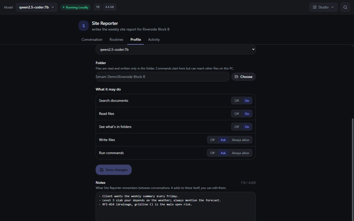 A teammate profile showing its working folder, a What it may do panel with On and Off for search, read and list and Off, Ask or Always allow for write files and run commands, and the editable notes memory