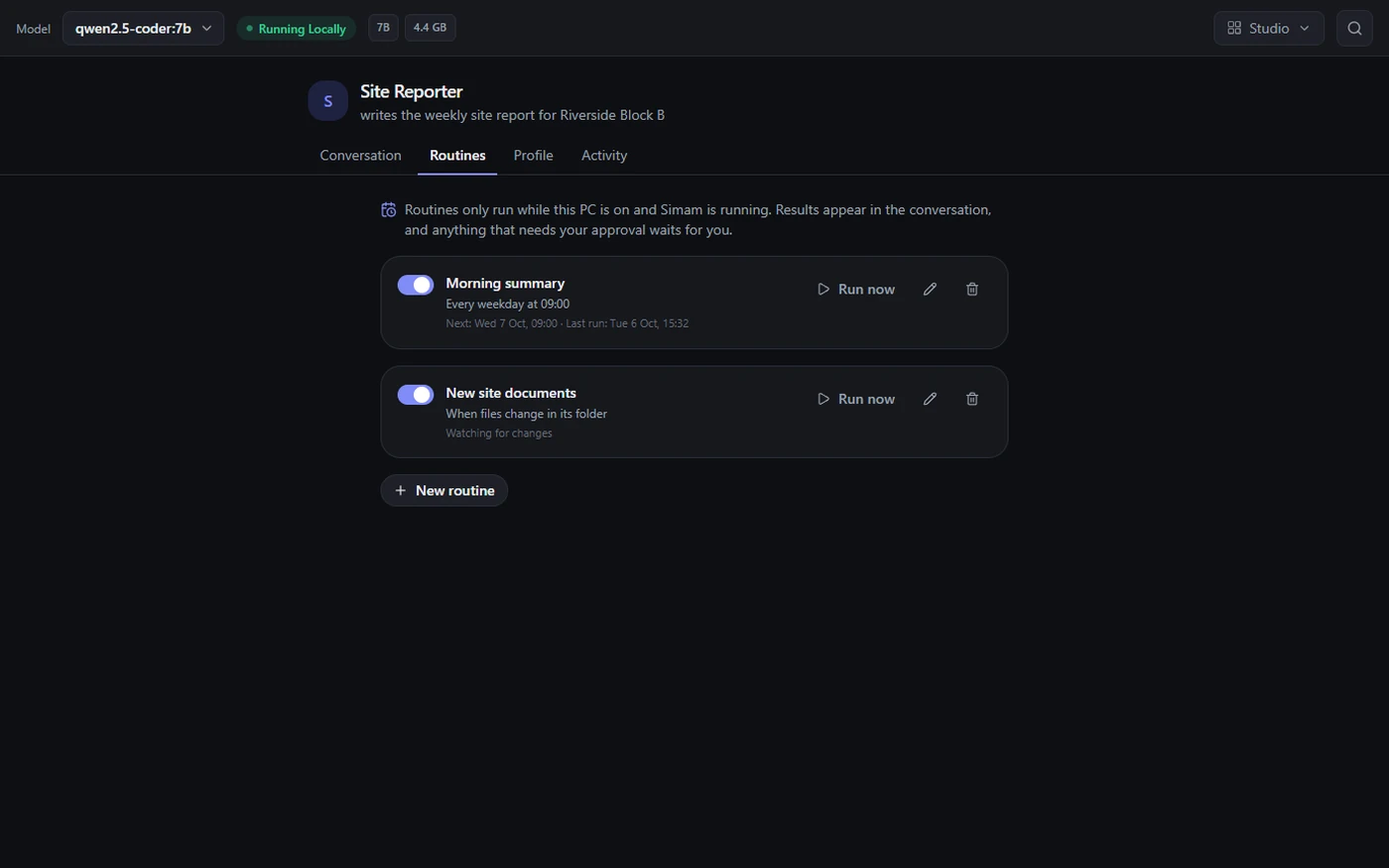 The Routines tab for a teammate showing a Morning summary routine that runs every weekday at 09:00 and a New site documents routine that runs when files change in its folder, each with Run now, edit and delete controls