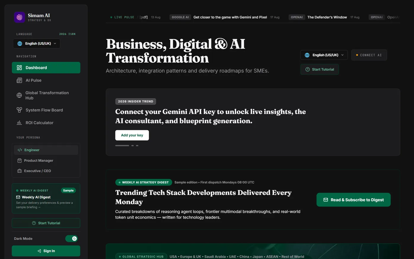 AI Strategy Hub dashboard with strategy tools, regional playbooks and the weekly digest