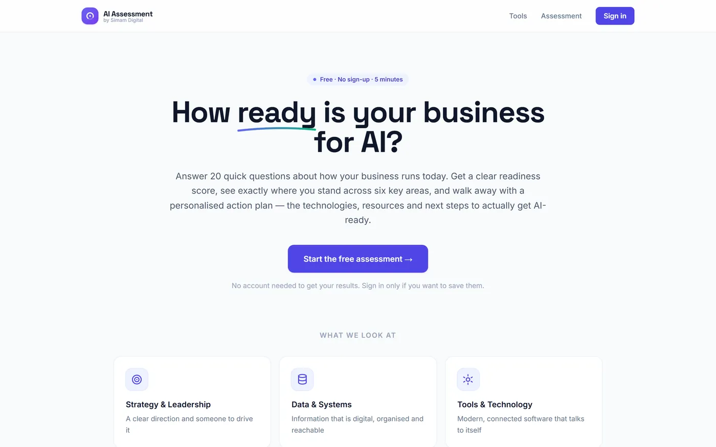 AI Readiness Assessment: free five-minute readiness questionnaire with no sign-up required