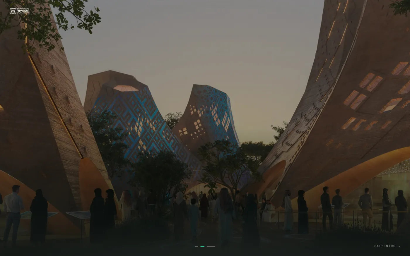 Expo 2030 Explorer: rendered pavilion courtyard at dusk with patterned facades and visitors