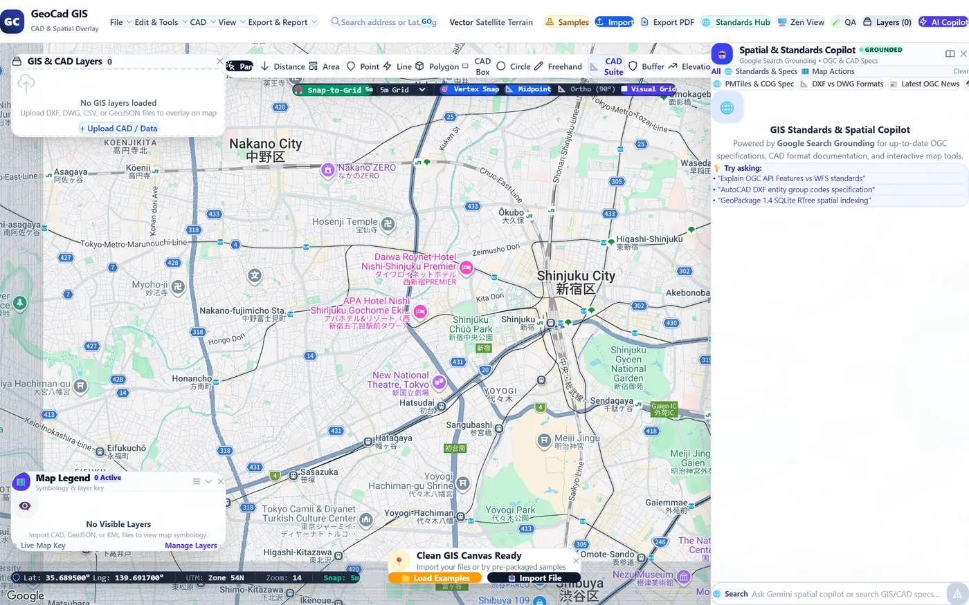 GeoCad GIS workbench: CAD drawing and measurement tools over a vector basemap with layer panels