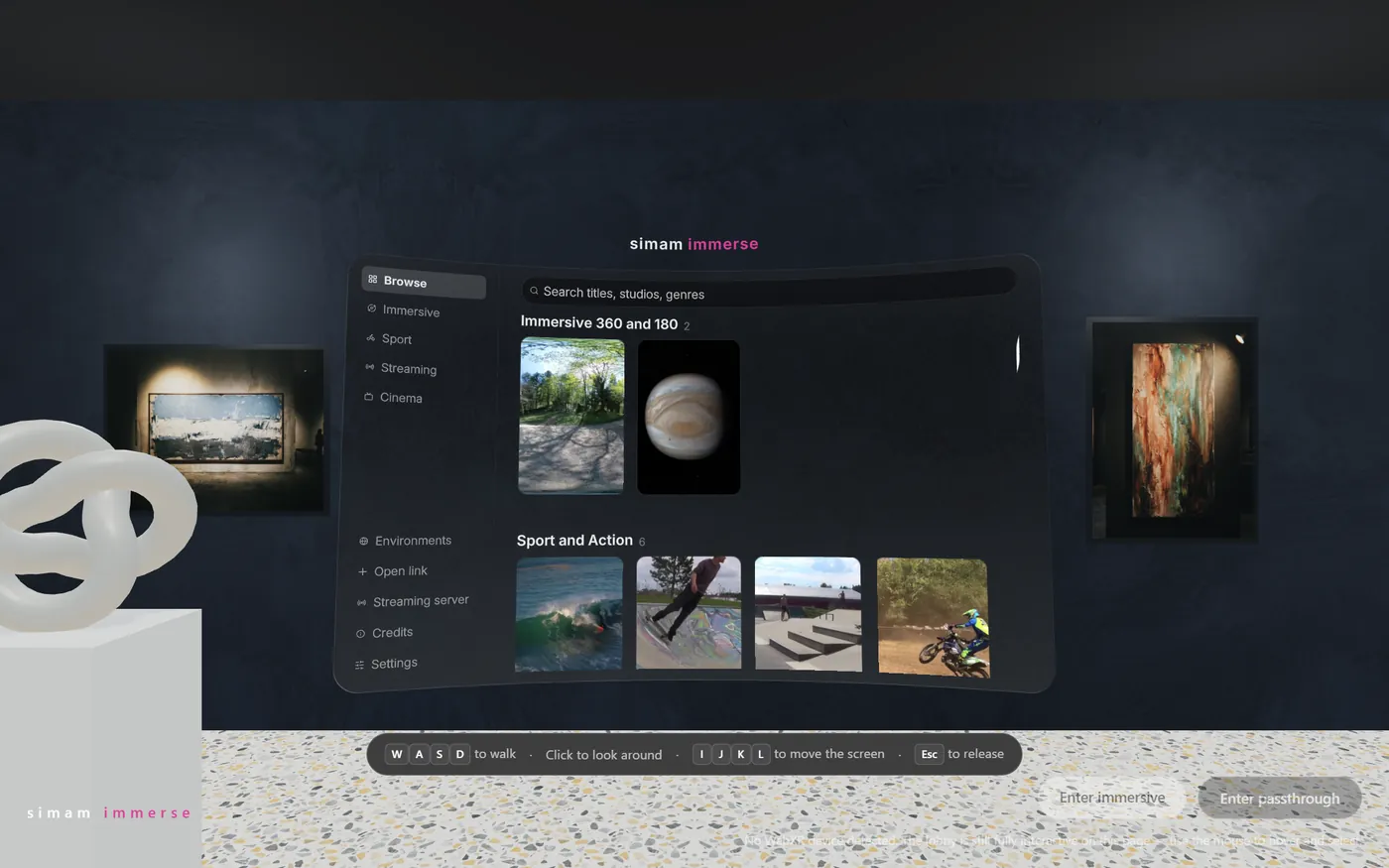 Simam Immerse spatial lobby: a curved catalogue panel of immersive titles inside a 3D gallery